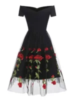 Off The Shoulder Flower Embroidered Tulle Vintage Dress - Image 3