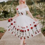 Off The Shoulder Flower Embroidered Tulle Vintage Dress