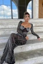 Glitter Fashion Mesh See Through Party Full Sleeve Bodycon Club Long Maxi Dress - Image 4