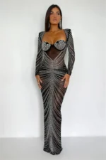 Glitter Fashion Mesh See Through Party Full Sleeve Bodycon Club Long Maxi Dress - Image 3