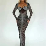Glitter Fashion Mesh See Through Party Full Sleeve Bodycon Club Long Maxi Dress