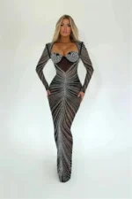 Glitter Fashion Mesh See Through Party Full Sleeve Bodycon Club Long Maxi Dress