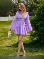 Elegant zipper V Neck Flare Sleeve Above Knee Mini Dresses - Image 2