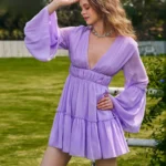 Elegant zipper V Neck Flare Sleeve Above Knee Mini Dresses