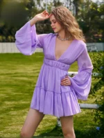 Elegant zipper V Neck Flare Sleeve Above Knee Mini Dresses